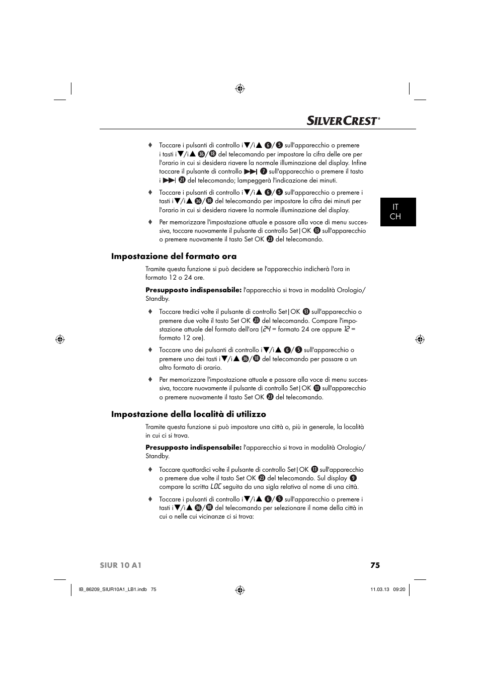 It ch, Impostazione del formato ora, Impostazione della località di utilizzo | Silvercrest SIUR 10 A1 User Manual | Page 78 / 154