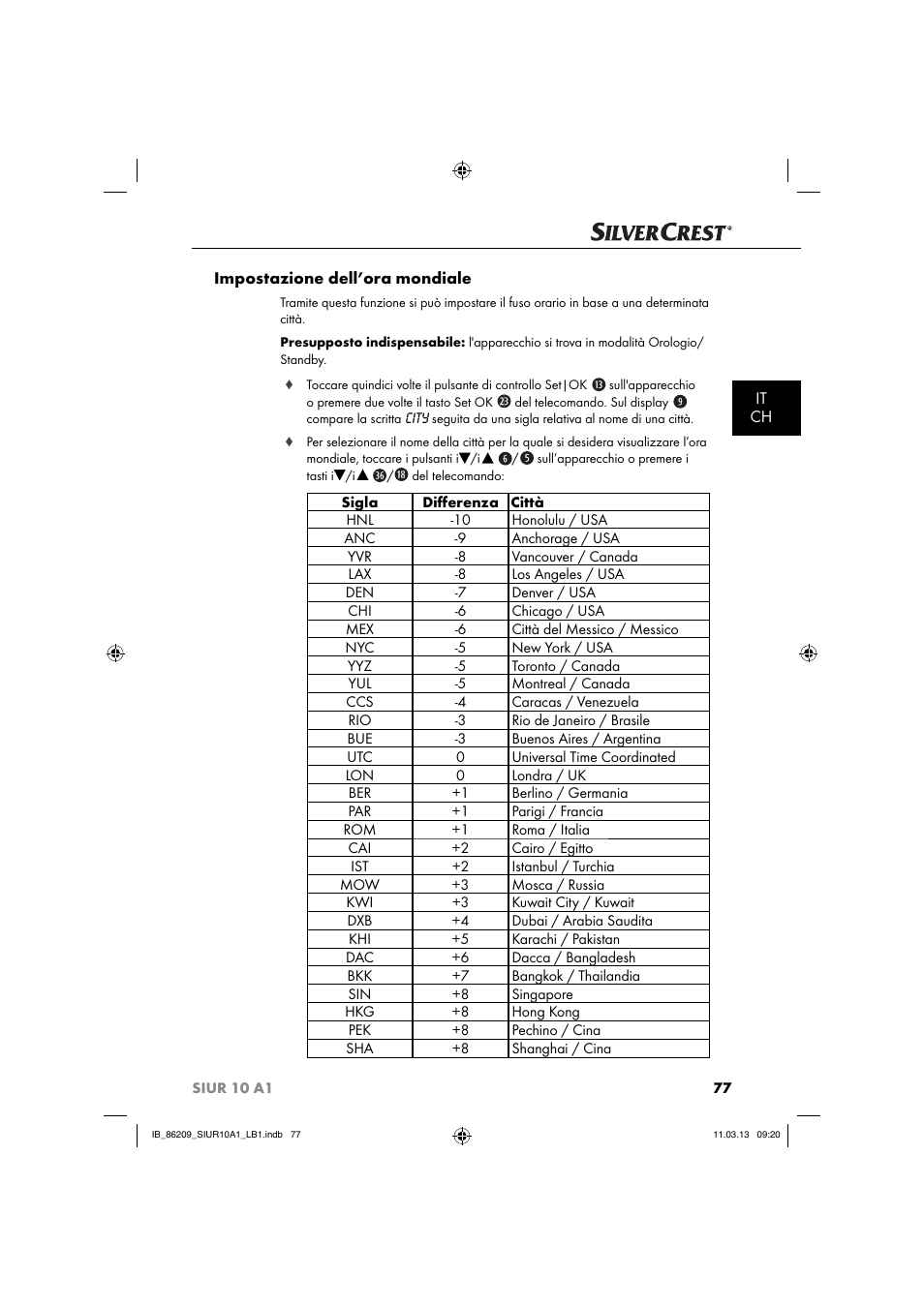 It ch impostazione dell’ora mondiale | Silvercrest SIUR 10 A1 User Manual | Page 80 / 154