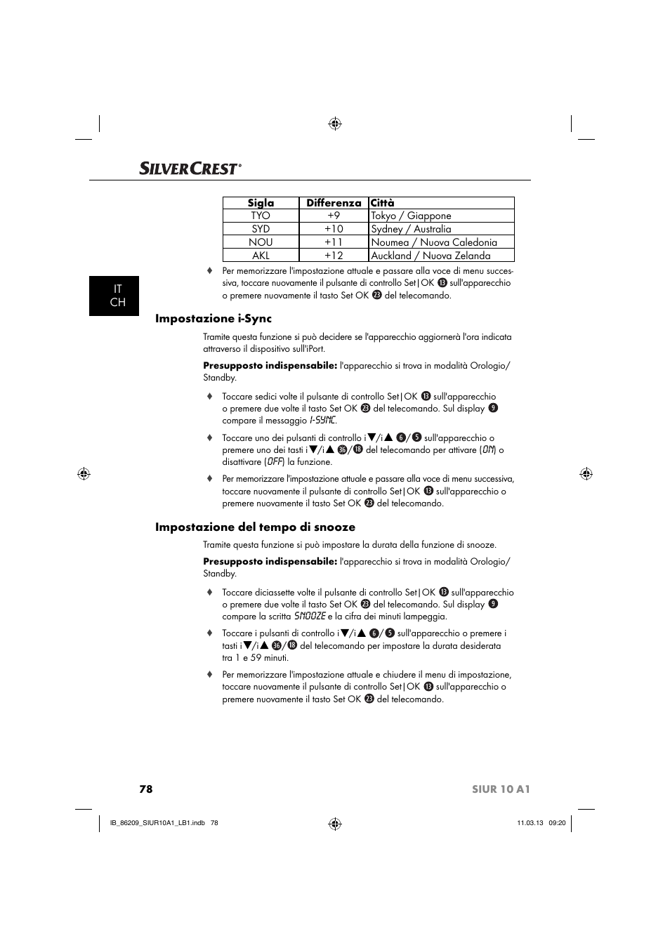 It ch, Impostazione i-sync, Impostazione del tempo di snooze | Silvercrest SIUR 10 A1 User Manual | Page 81 / 154