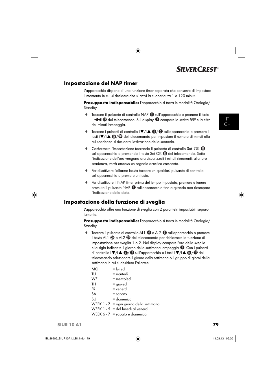 Impostazione del nap timer, Impostazione della funzione di sveglia, It ch | Silvercrest SIUR 10 A1 User Manual | Page 82 / 154
