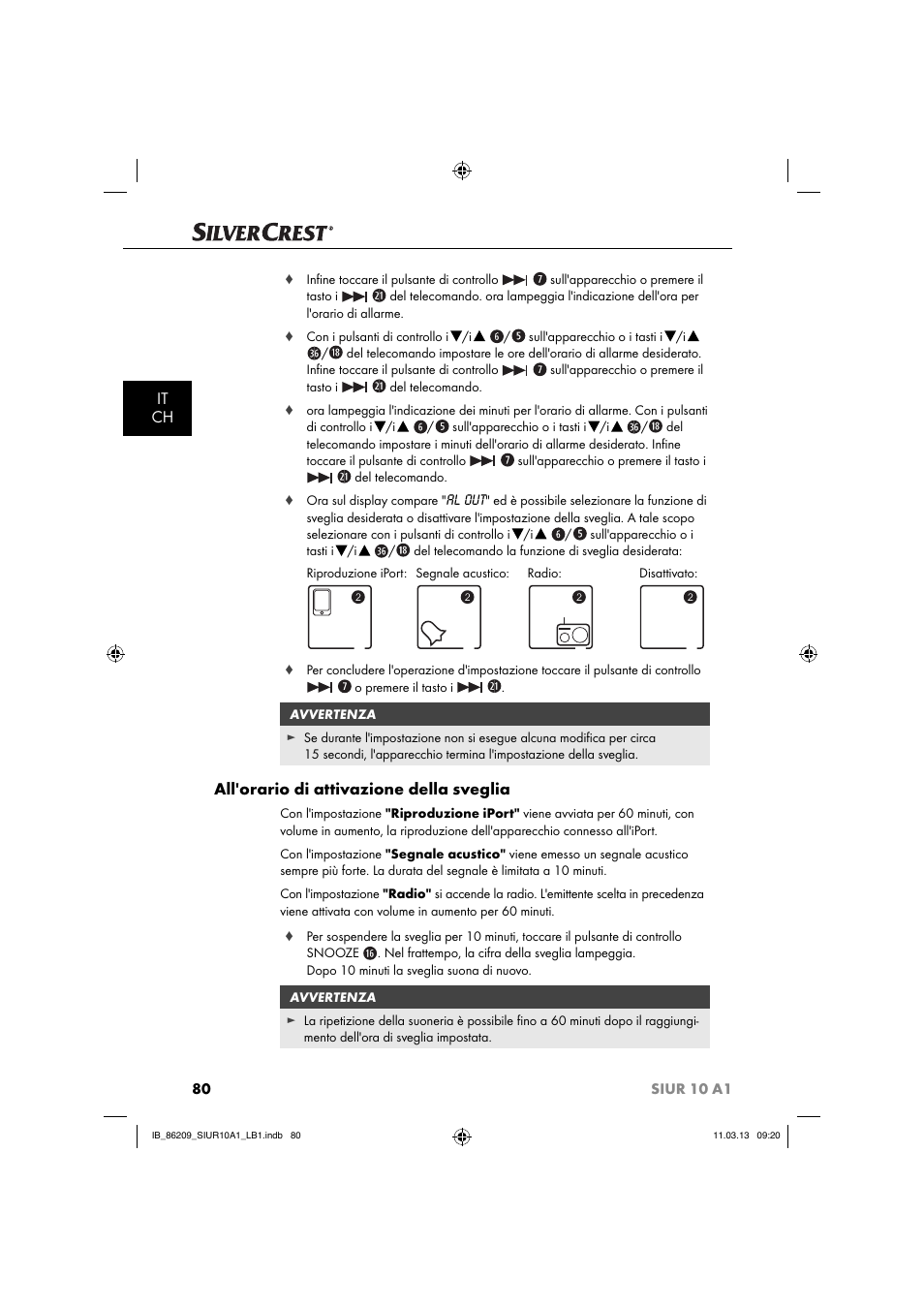 It ch, All'orario di attivazione della sveglia | Silvercrest SIUR 10 A1 User Manual | Page 83 / 154