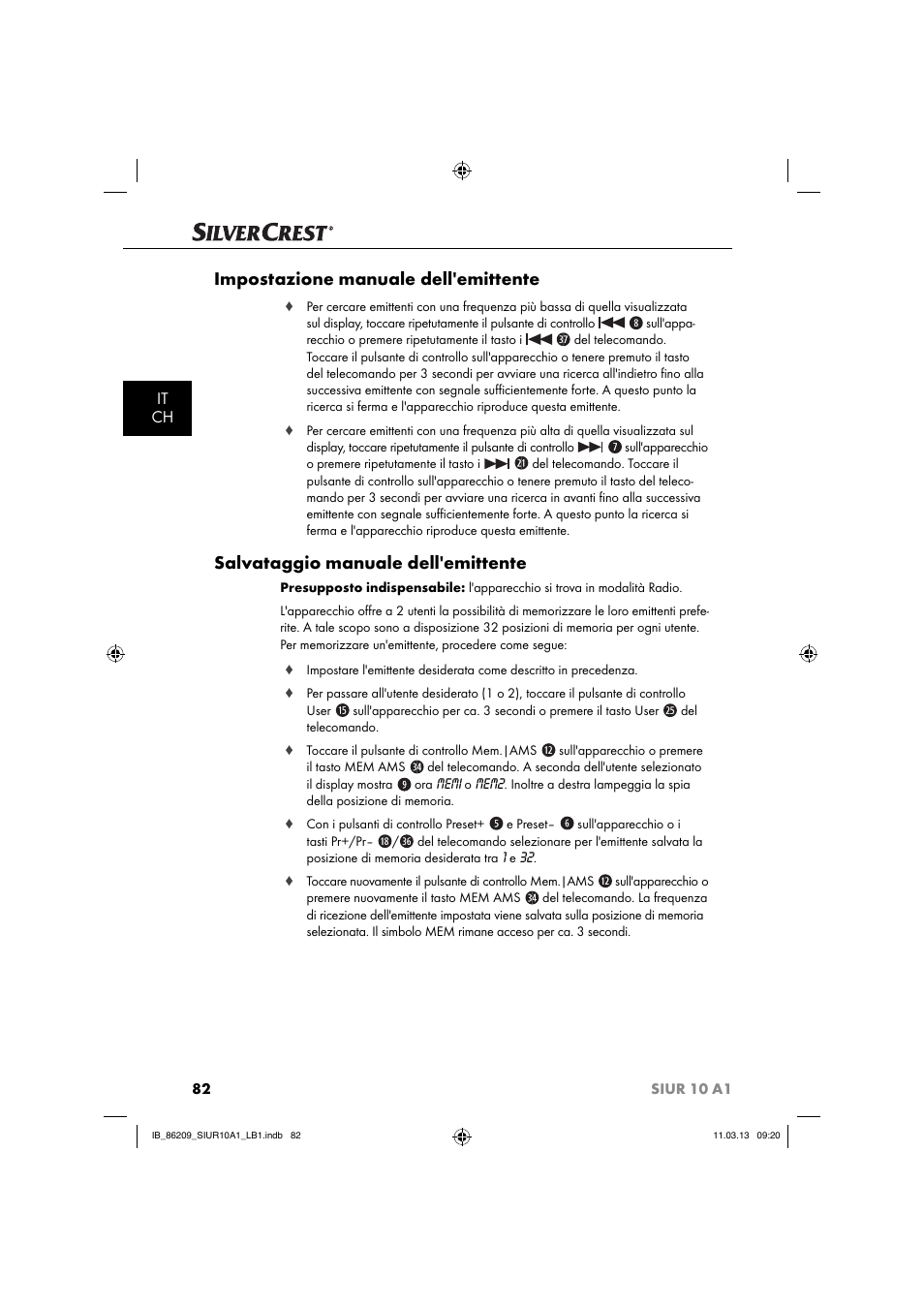 Impostazione manuale dell'emittente, Salvataggio manuale dell'emittente, It ch | Silvercrest SIUR 10 A1 User Manual | Page 85 / 154