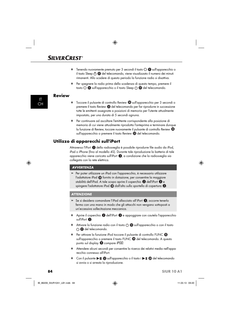 Review, Utilizzo di apparecchi sull'iport, It ch | Silvercrest SIUR 10 A1 User Manual | Page 87 / 154