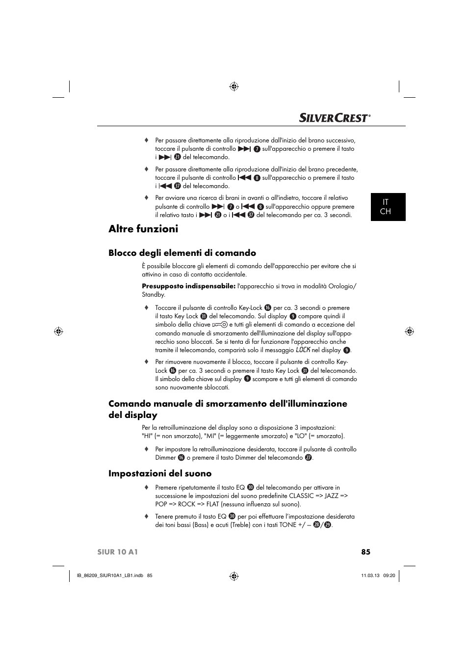 Altre funzioni, Blocco degli elementi di comando, Impostazioni del suono | It ch | Silvercrest SIUR 10 A1 User Manual | Page 88 / 154
