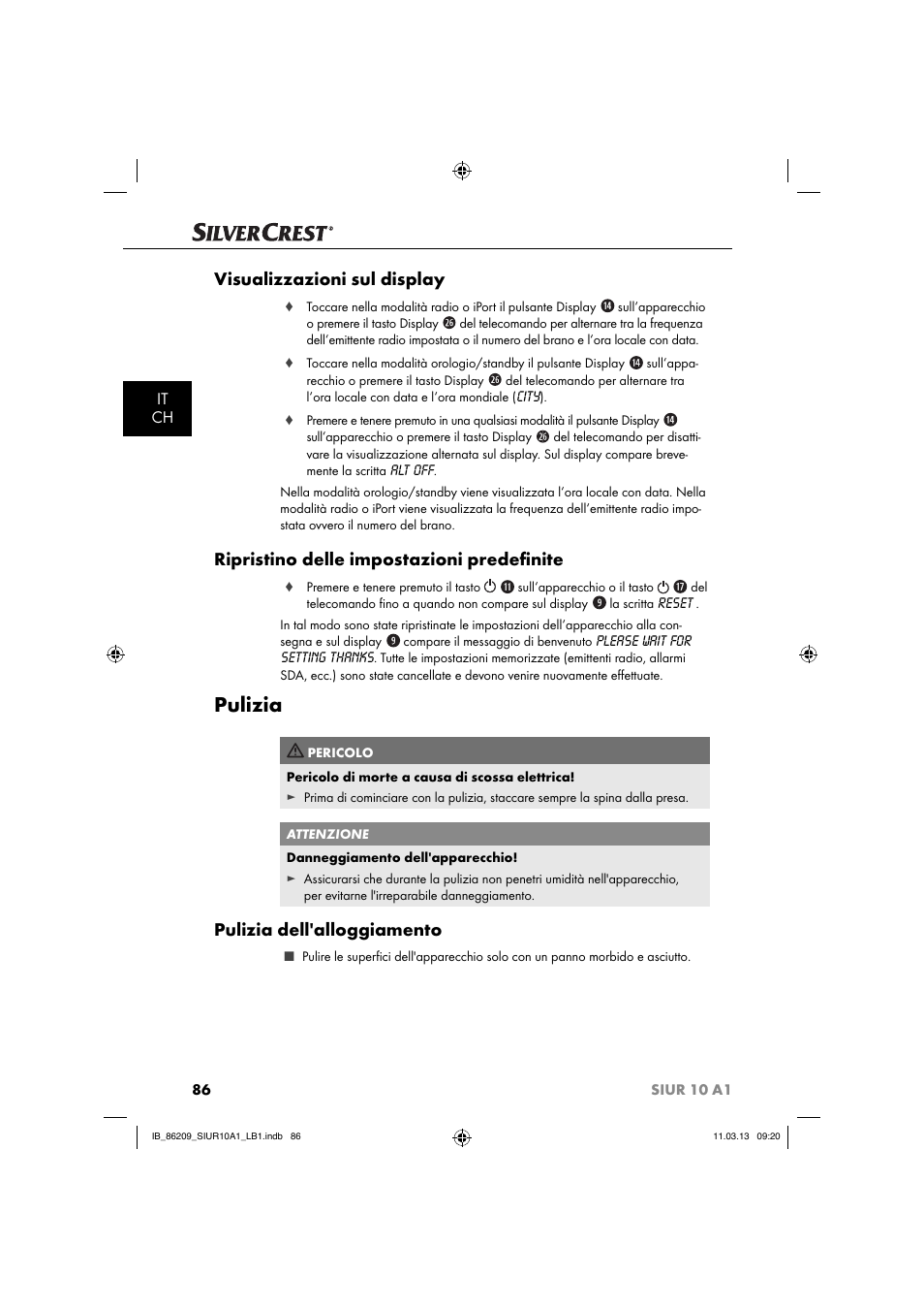 Pulizia, Visualizzazioni sul display, Ripristino delle impostazioni predeﬁ nite | Pulizia dell'alloggiamento, It ch | Silvercrest SIUR 10 A1 User Manual | Page 89 / 154