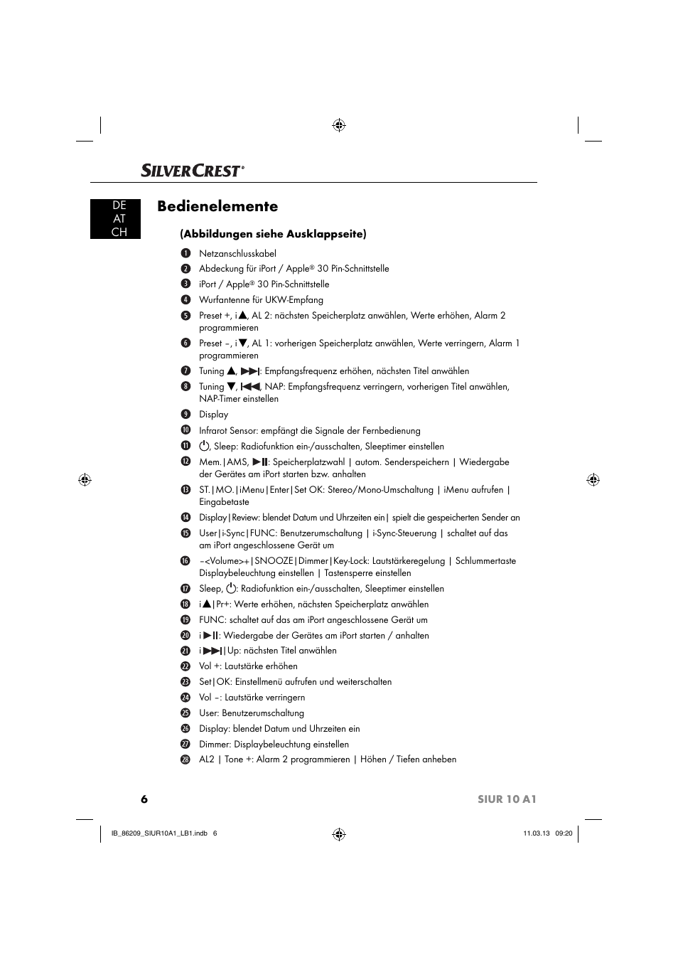 Bedienelemente, De at ch | Silvercrest SIUR 10 A1 User Manual | Page 9 / 154