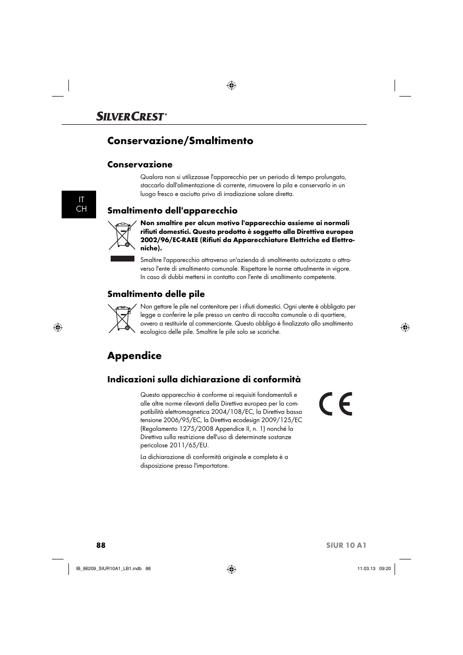 Conservazione/smaltimento, Appendice, Conservazione | Smaltimento dell'apparecchio, Smaltimento delle pile, Indicazioni sulla dichiarazione di conformità | Silvercrest SIUR 10 A1 User Manual | Page 91 / 154