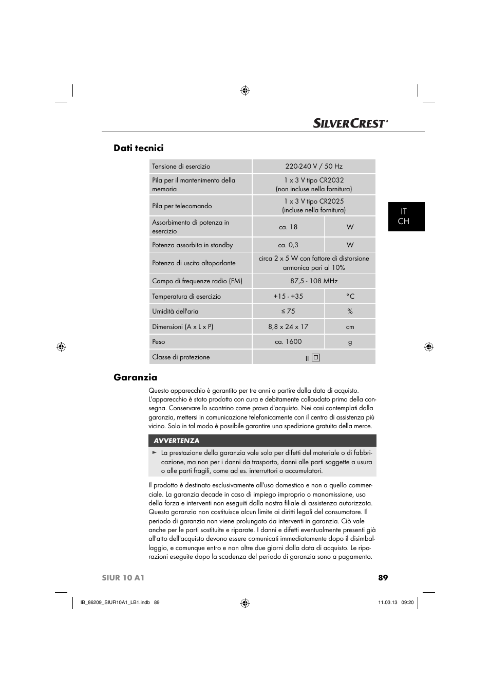 Dati tecnici, Garanzia, It ch | Silvercrest SIUR 10 A1 User Manual | Page 92 / 154