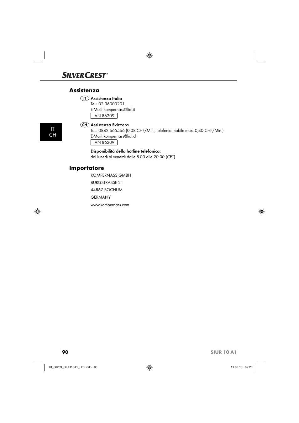 Assistenza, Importatore, It ch | Silvercrest SIUR 10 A1 User Manual | Page 93 / 154