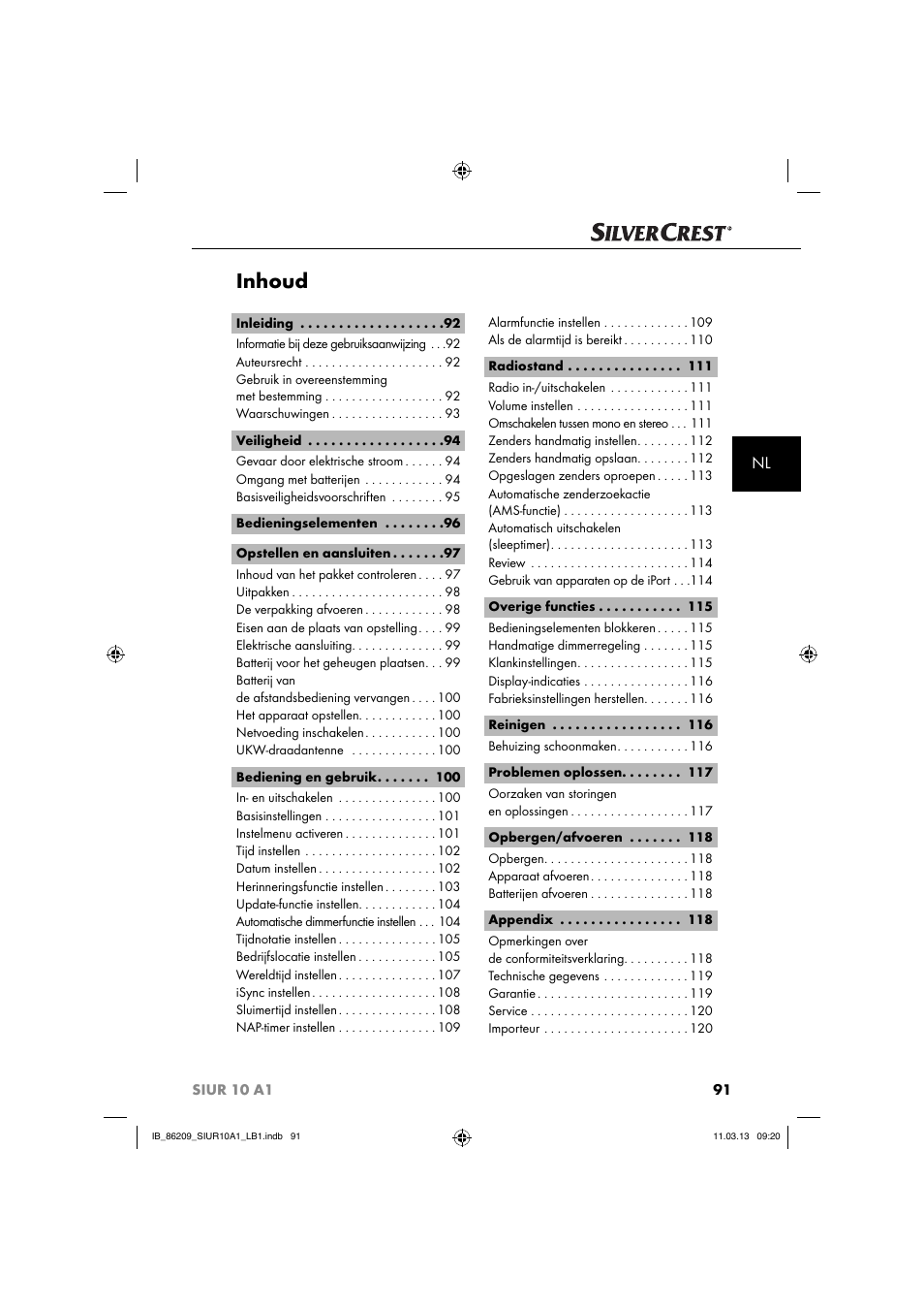 Inhoud | Silvercrest SIUR 10 A1 User Manual | Page 94 / 154