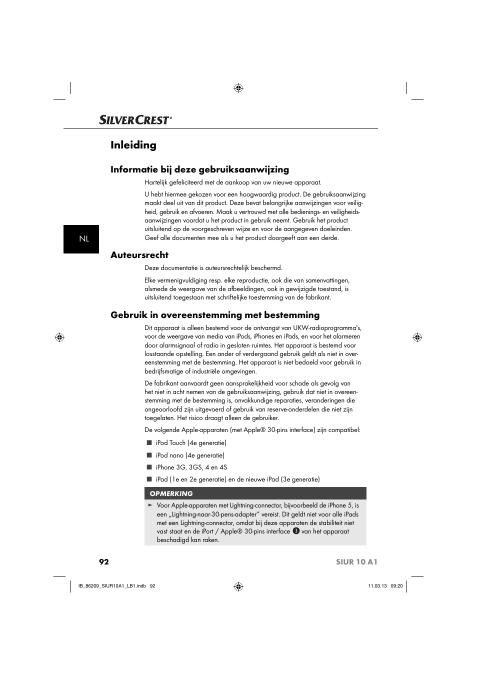 Inleiding, Informatie bij deze gebruiksaanwijzing, Auteursrecht | Gebruik in overeenstemming met bestemming | Silvercrest SIUR 10 A1 User Manual | Page 95 / 154