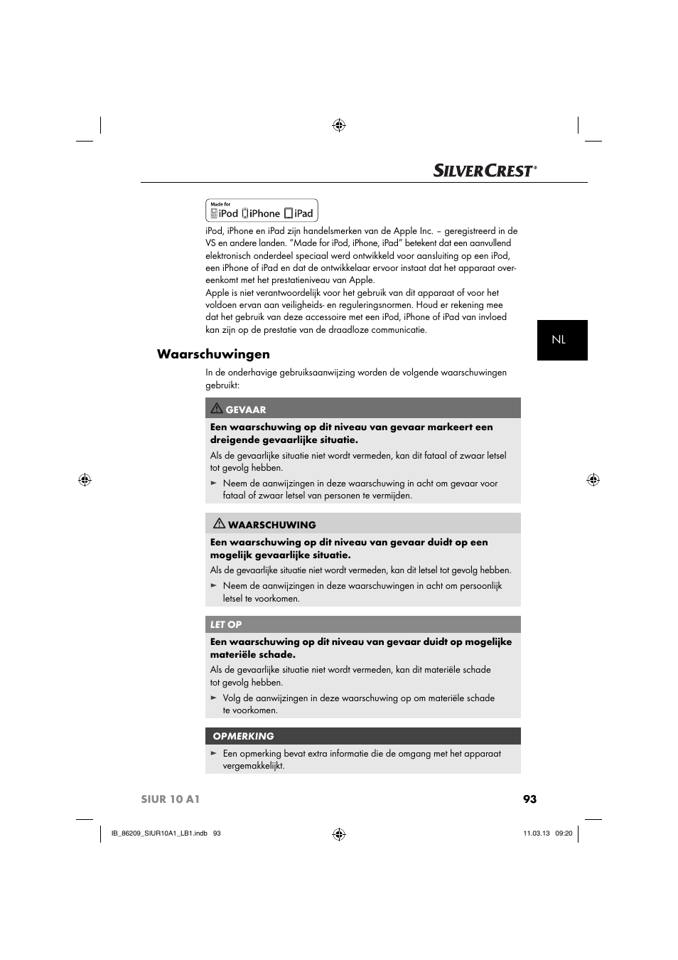 Waarschuwingen | Silvercrest SIUR 10 A1 User Manual | Page 96 / 154