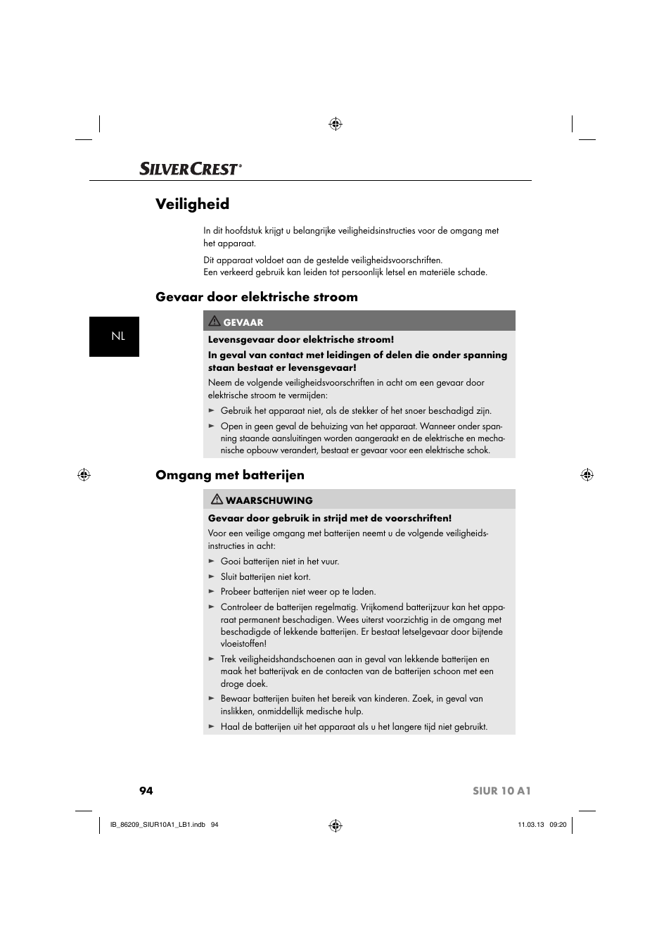 Veiligheid, Gevaar door elektrische stroom, Omgang met batterijen | Silvercrest SIUR 10 A1 User Manual | Page 97 / 154