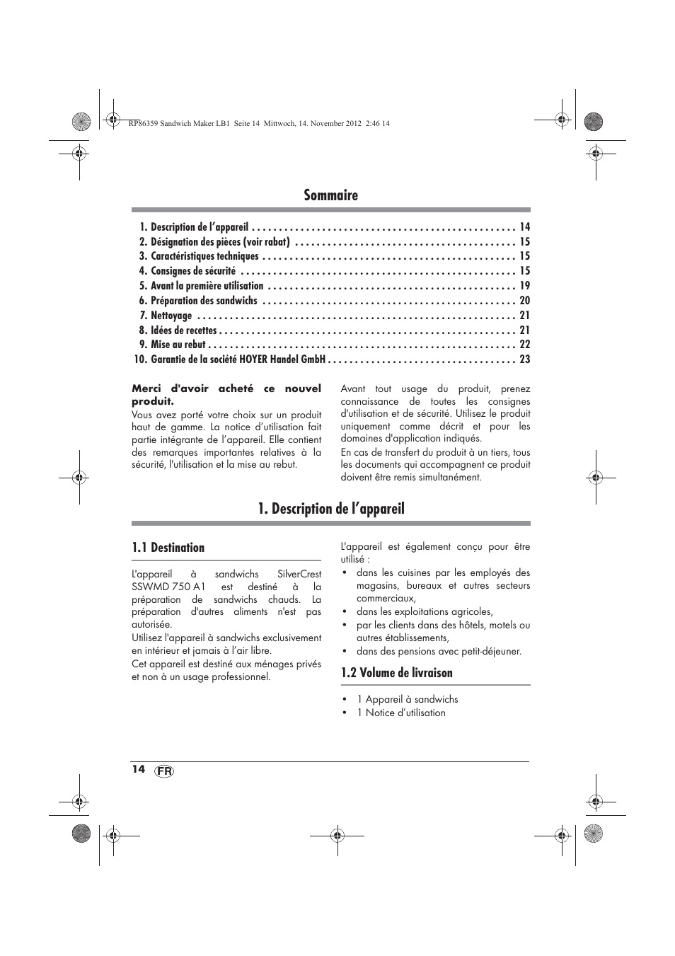 Sommaire, Description de l’appareil | Silvercrest SSWMD 750 A1 User Manual | Page 16 / 58