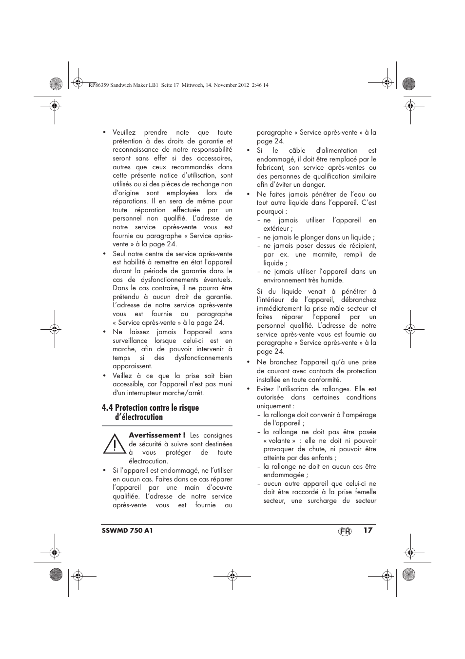 4 protection contre le risque d’électrocution | Silvercrest SSWMD 750 A1 User Manual | Page 19 / 58