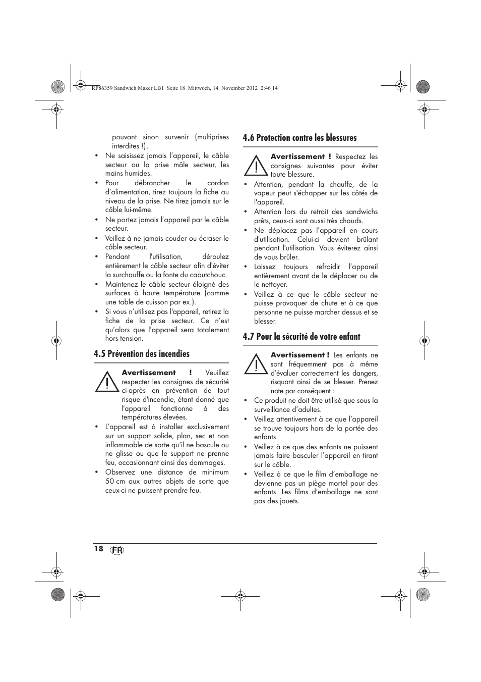 5 prévention des incendies, 6 protection contre les blessures, 7 pour la sécurité de votre enfant | Silvercrest SSWMD 750 A1 User Manual | Page 20 / 58