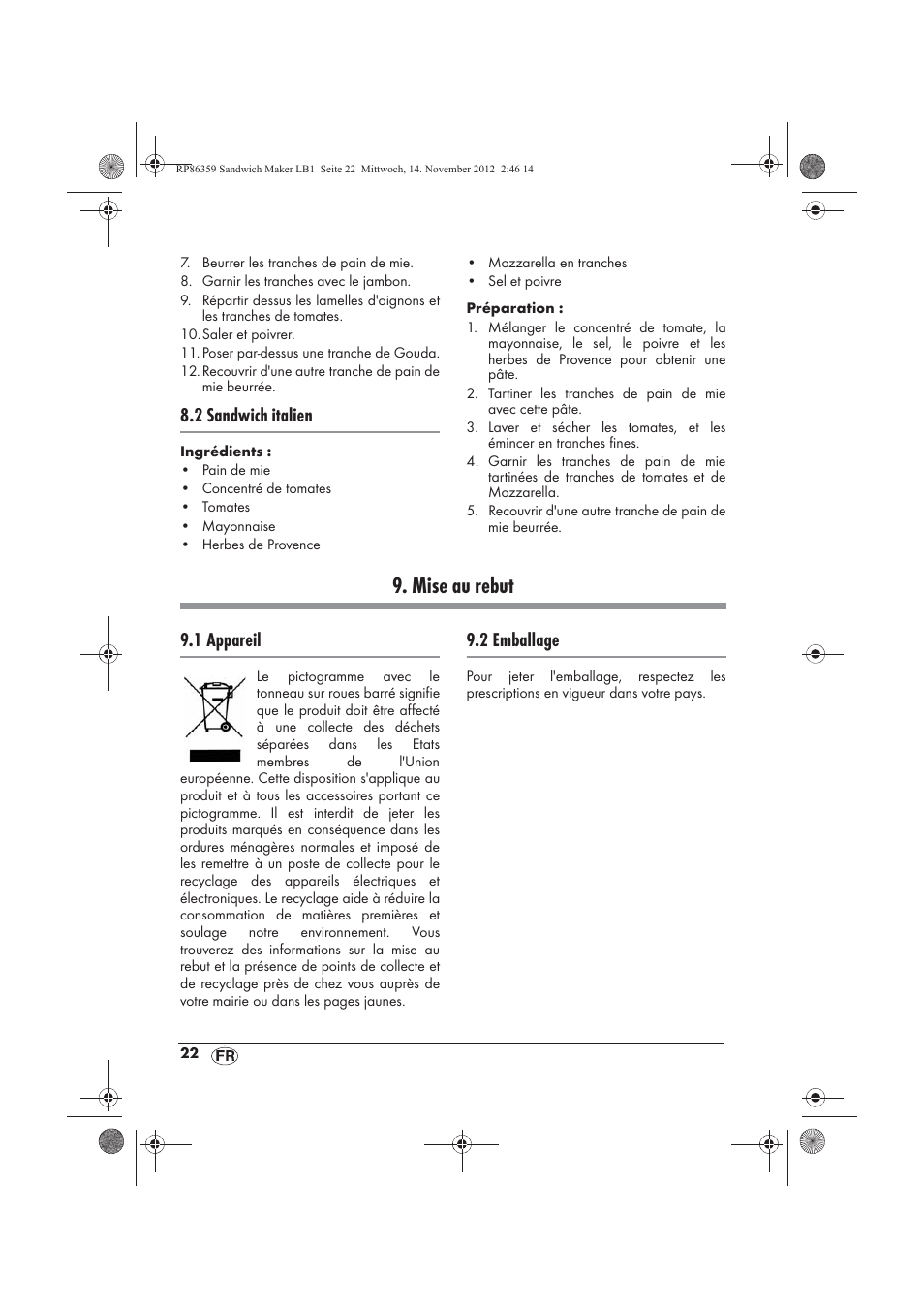 Mise au rebut, 2 sandwich italien, 1 appareil | 2 emballage | Silvercrest SSWMD 750 A1 User Manual | Page 24 / 58
