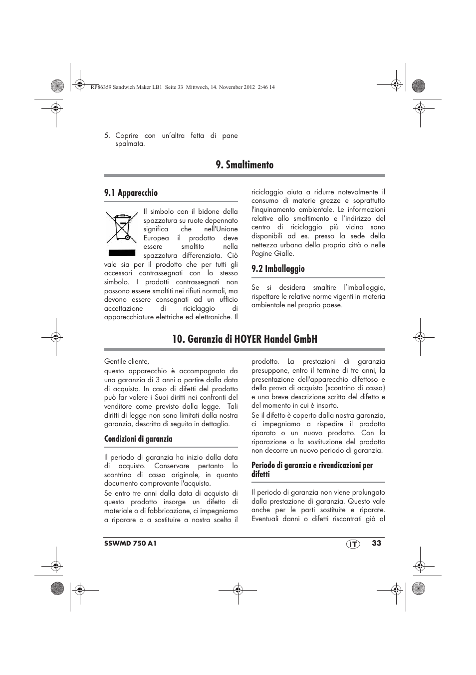 Smaltimento, Garanzia di hoyer handel gmbh | Silvercrest SSWMD 750 A1 User Manual | Page 35 / 58