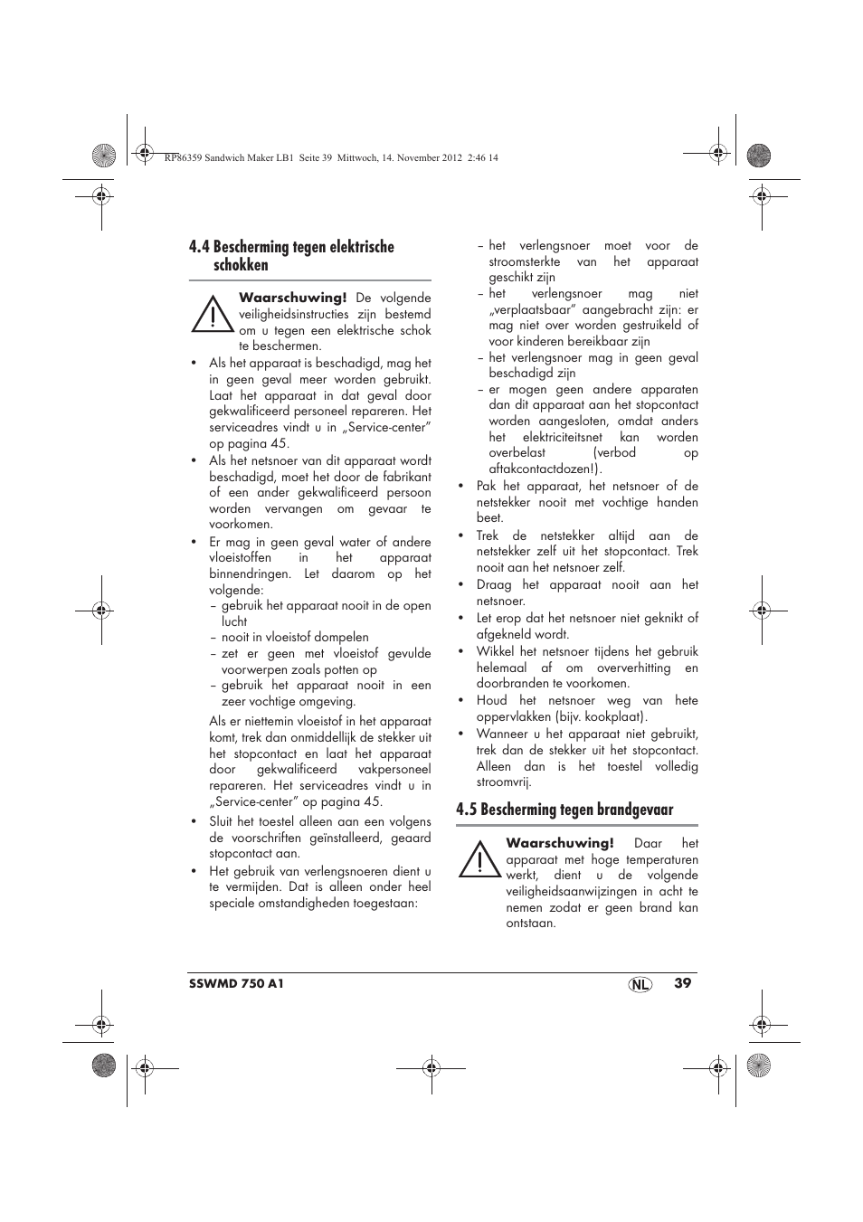 4 bescherming tegen elektrische schokken, 5 bescherming tegen brandgevaar | Silvercrest SSWMD 750 A1 User Manual | Page 41 / 58
