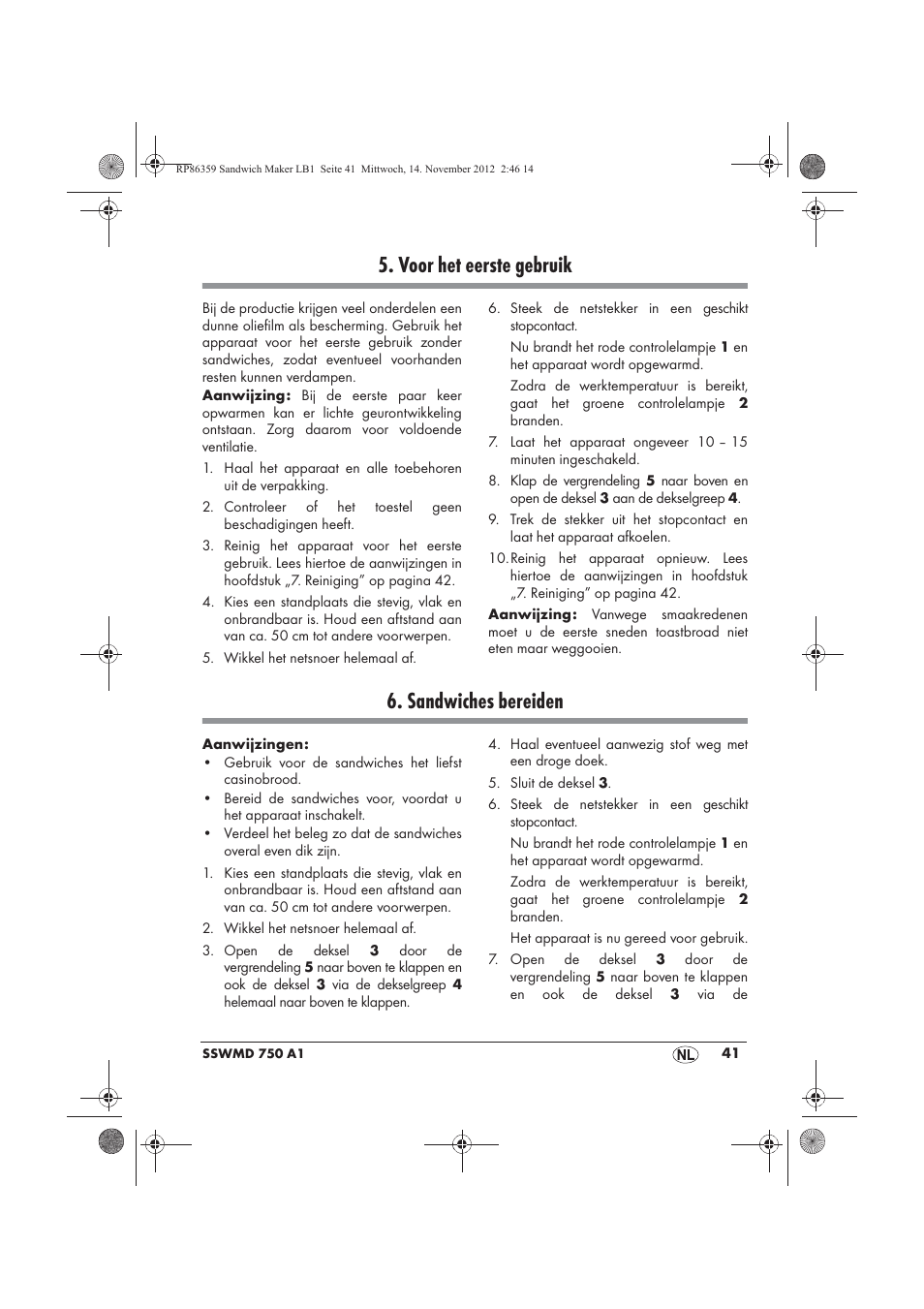 Voor het eerste gebruik, Sandwiches bereiden | Silvercrest SSWMD 750 A1 User Manual | Page 43 / 58