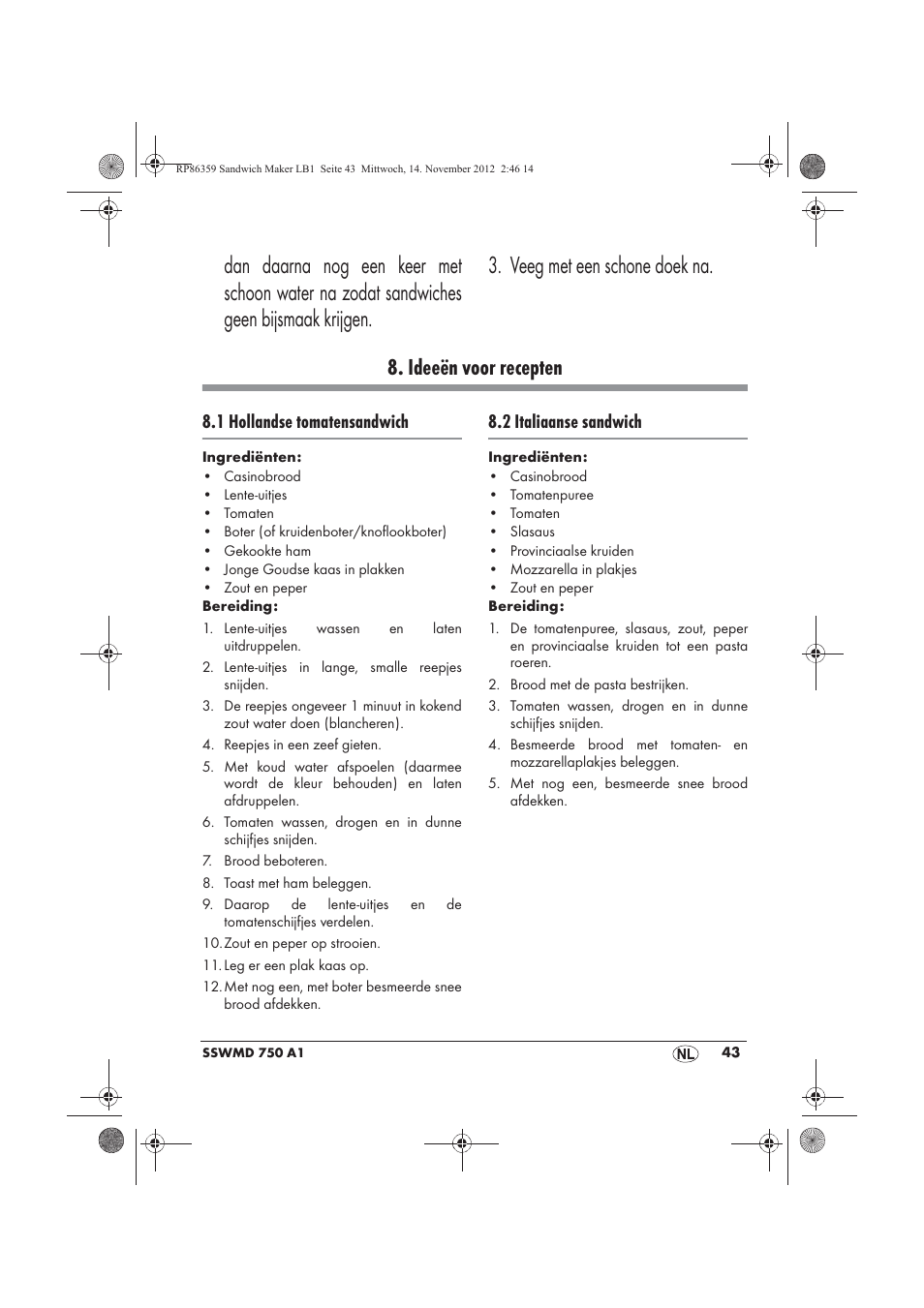 Ideeën voor recepten, 1 hollandse tomatensandwich, 2 italiaanse sandwich | Silvercrest SSWMD 750 A1 User Manual | Page 45 / 58