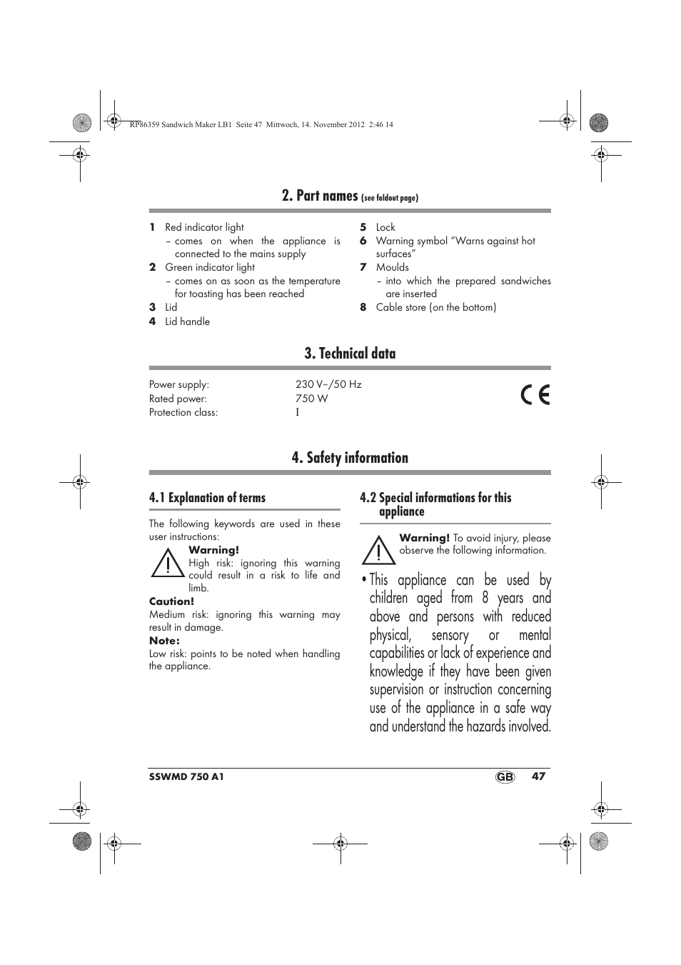 Part names, Technical data, Safety information | 1 explanation of terms, 2 special informations for this appliance | Silvercrest SSWMD 750 A1 User Manual | Page 49 / 58