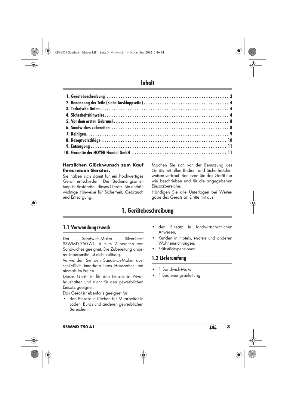 Inhalt, Gerätebeschreibung, 1 verwendungszweck | 2 lieferumfang | Silvercrest SSWMD 750 A1 User Manual | Page 5 / 58
