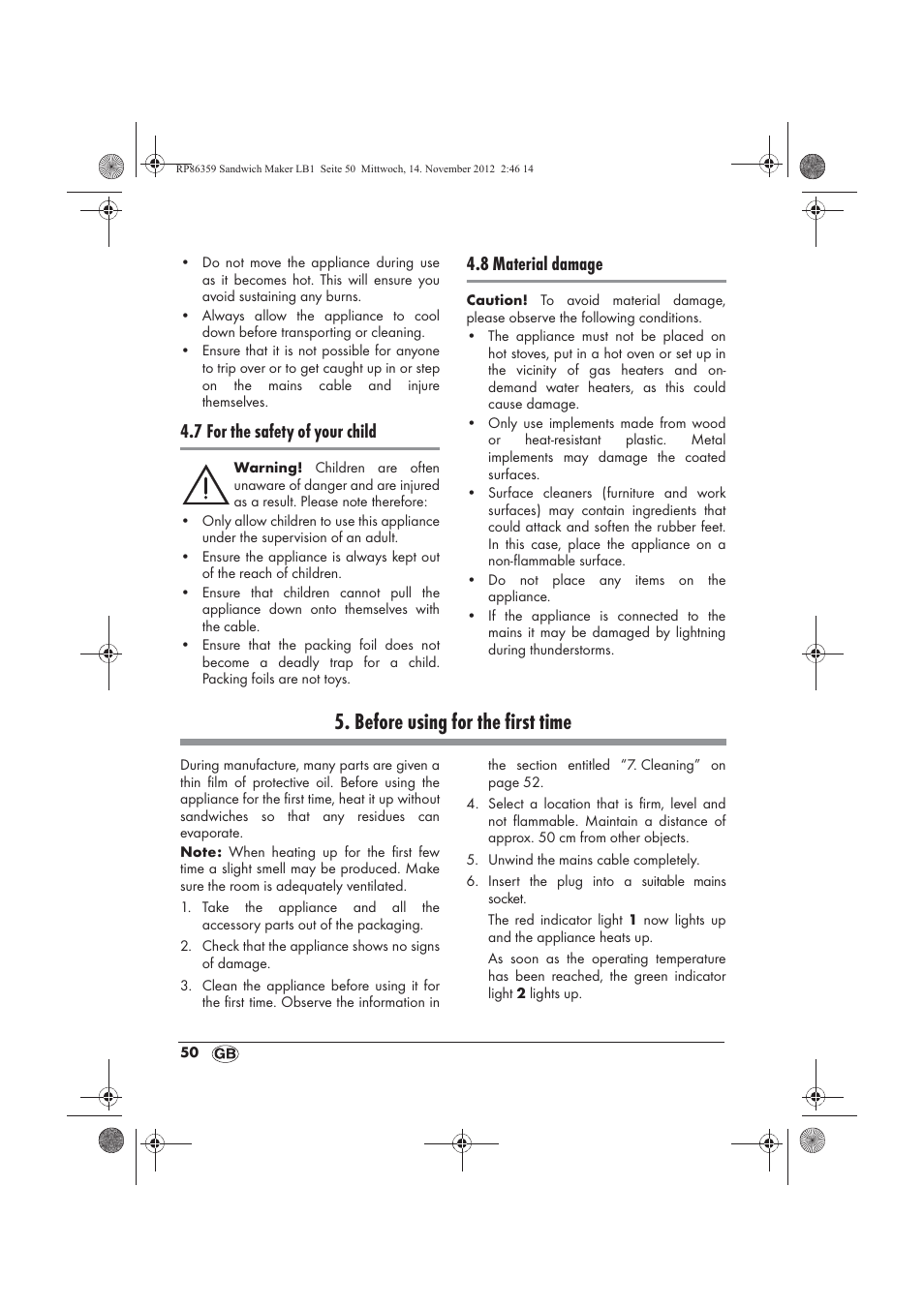 Before using for the first time, 7 for the safety of your child, 8 material damage | Silvercrest SSWMD 750 A1 User Manual | Page 52 / 58