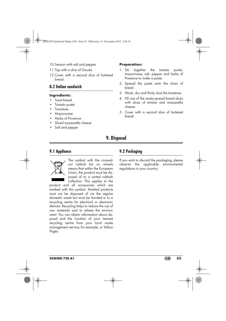 Disposal, 2 italian sandwich, 1 appliance | 2 packaging | Silvercrest SSWMD 750 A1 User Manual | Page 55 / 58