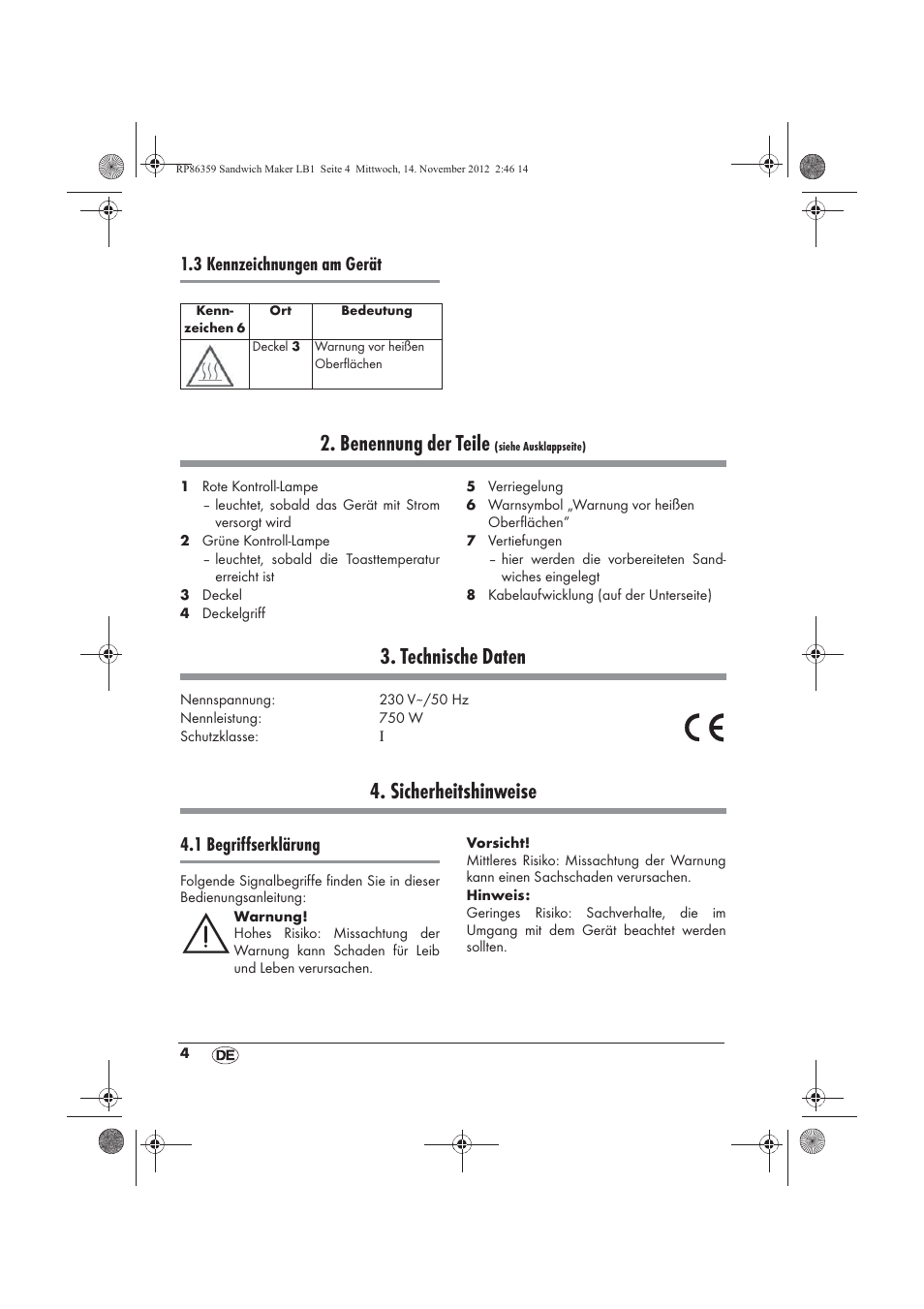 Benennung der teile, Technische daten, Sicherheitshinweise | 3 kennzeichnungen am gerät, 1 begriffserklärung | Silvercrest SSWMD 750 A1 User Manual | Page 6 / 58