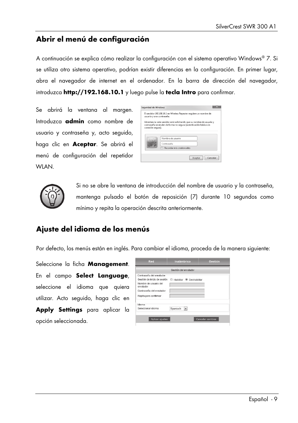 Abrir el menú de configuración, Ajuste del idioma de los menús | Silvercrest SWR 300 A1 User Manual | Page 11 / 112