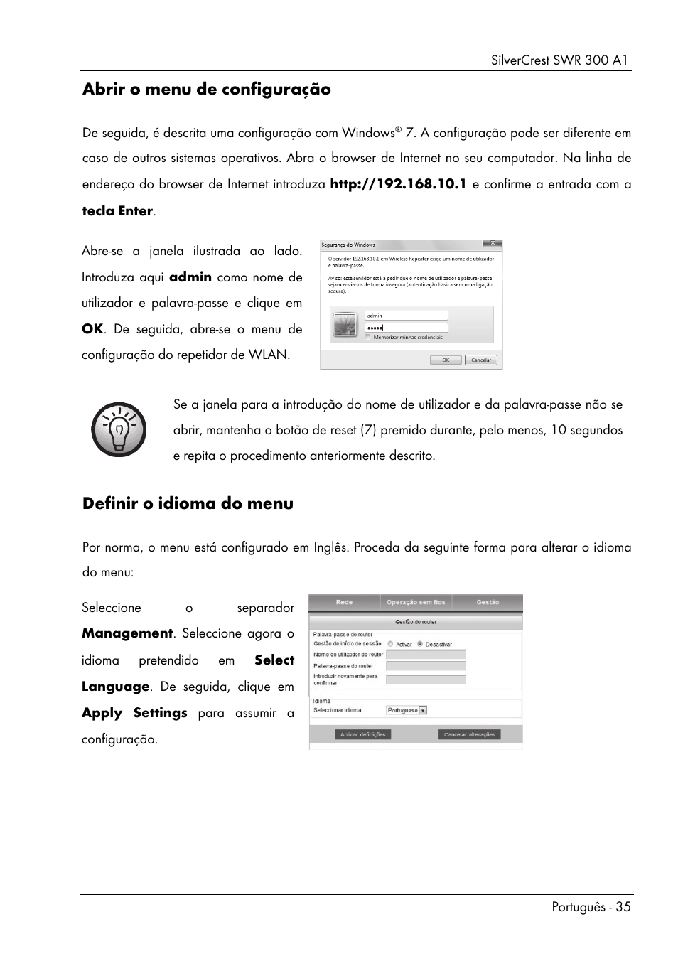 Abrir o menu de configuração, Definir o idioma do menu | Silvercrest SWR 300 A1 User Manual | Page 37 / 112