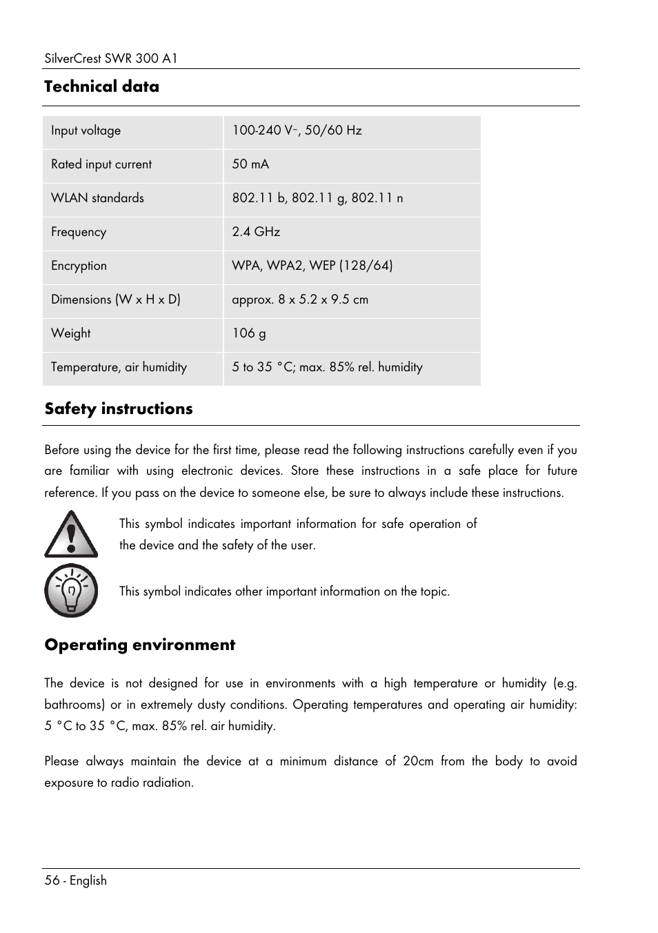 Technical data, Safety instructions, Operating environment | Silvercrest SWR 300 A1 User Manual | Page 58 / 112