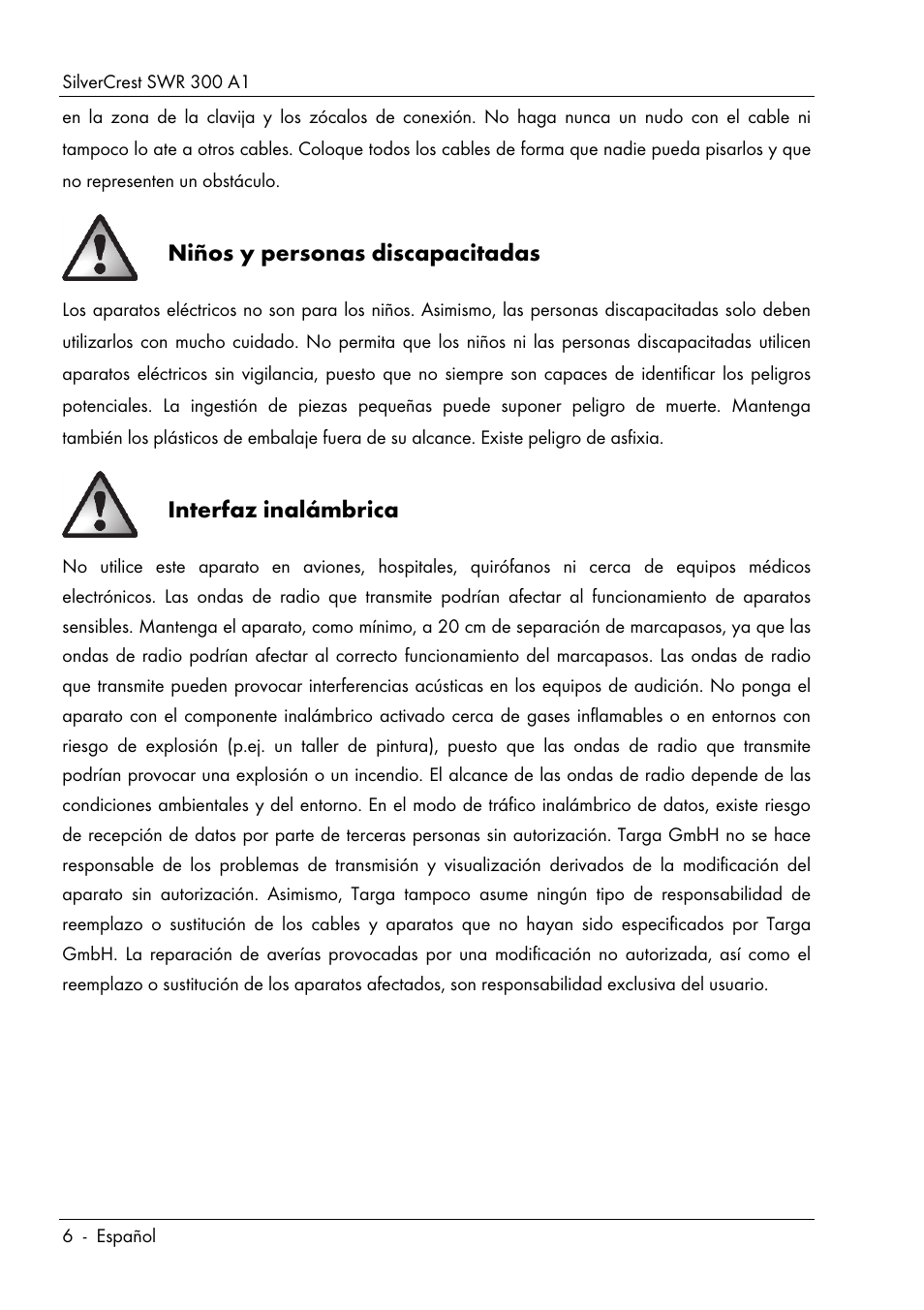 Niños y personas discapacitadas, Interfaz inalámbrica | Silvercrest SWR 300 A1 User Manual | Page 8 / 112