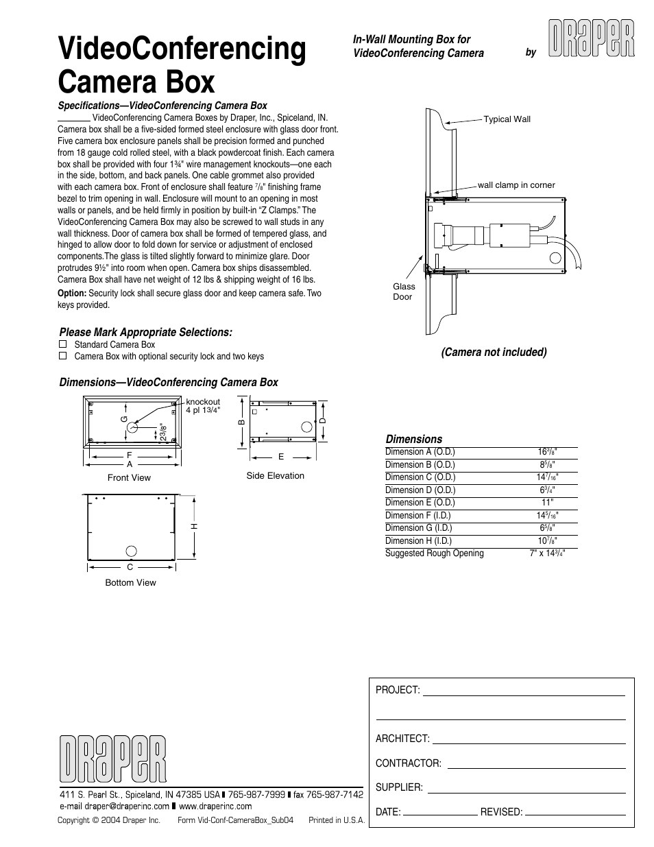 Draper Video Conferencing Camera Box None User Manual | 1 page