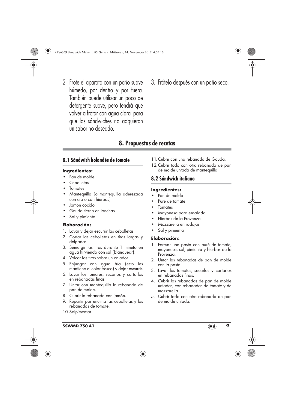 Propuestas de recetas, 1 sándwich holandés de tomate, 2 sándwich italiano | Silvercrest SSWMD 750 A1 User Manual | Page 11 / 58