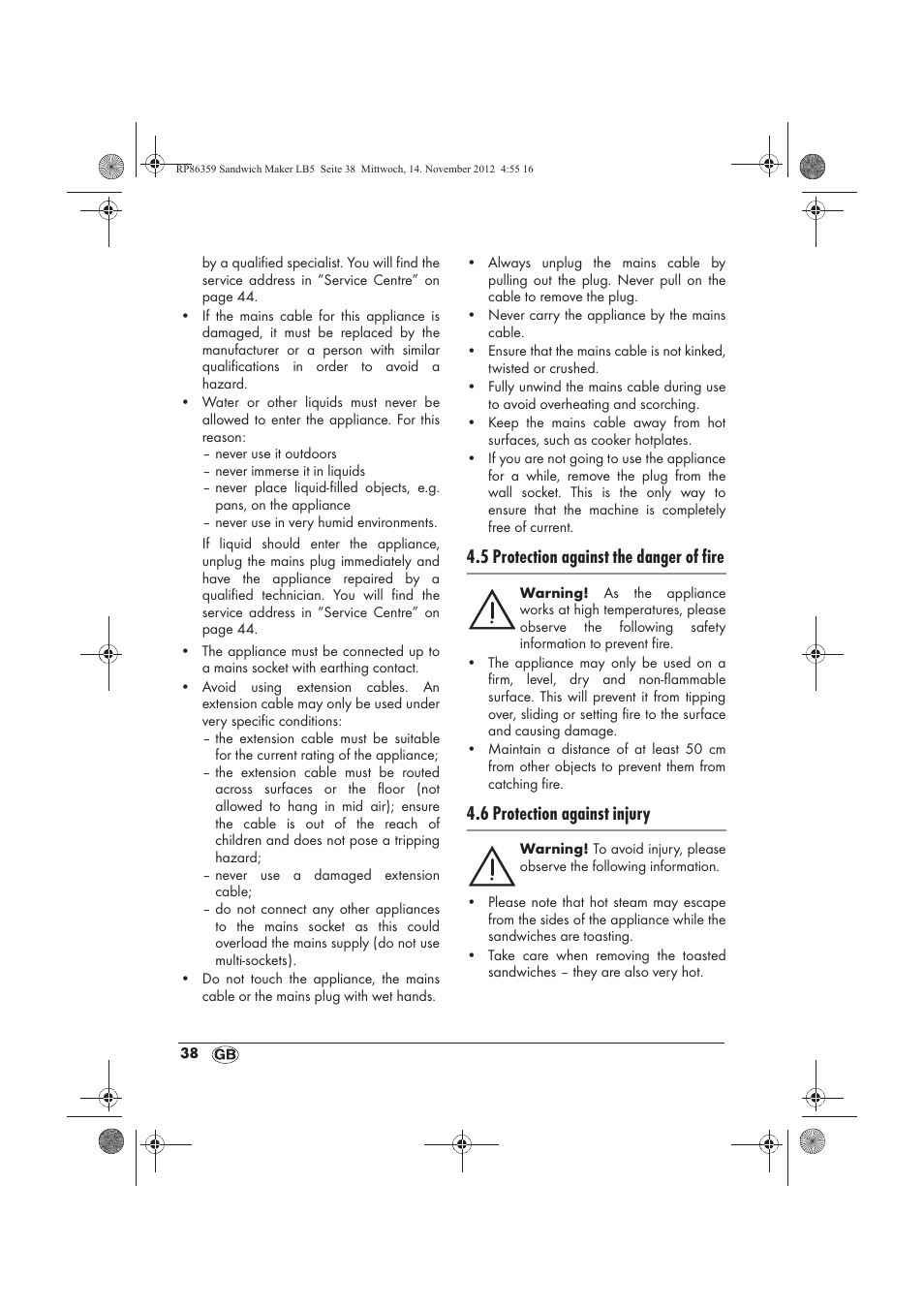 5 protection against the danger of fire, 6 protection against injury | Silvercrest SSWMD 750 A1 User Manual | Page 40 / 58