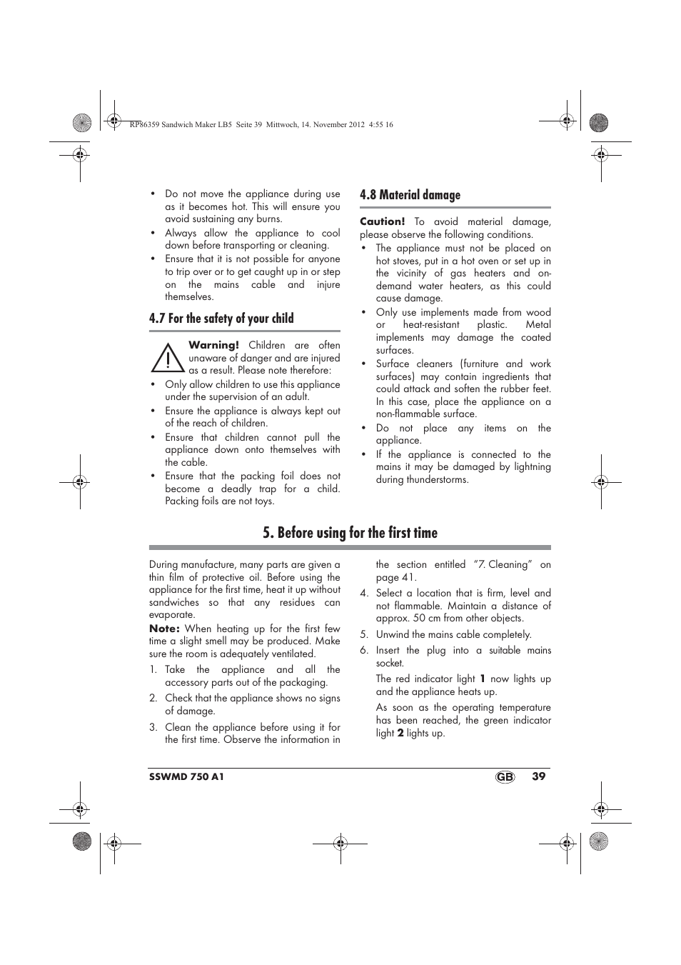 Before using for the first time, 7 for the safety of your child, 8 material damage | Silvercrest SSWMD 750 A1 User Manual | Page 41 / 58