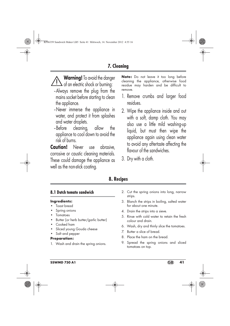 Cleaning, Recipes | Silvercrest SSWMD 750 A1 User Manual | Page 43 / 58