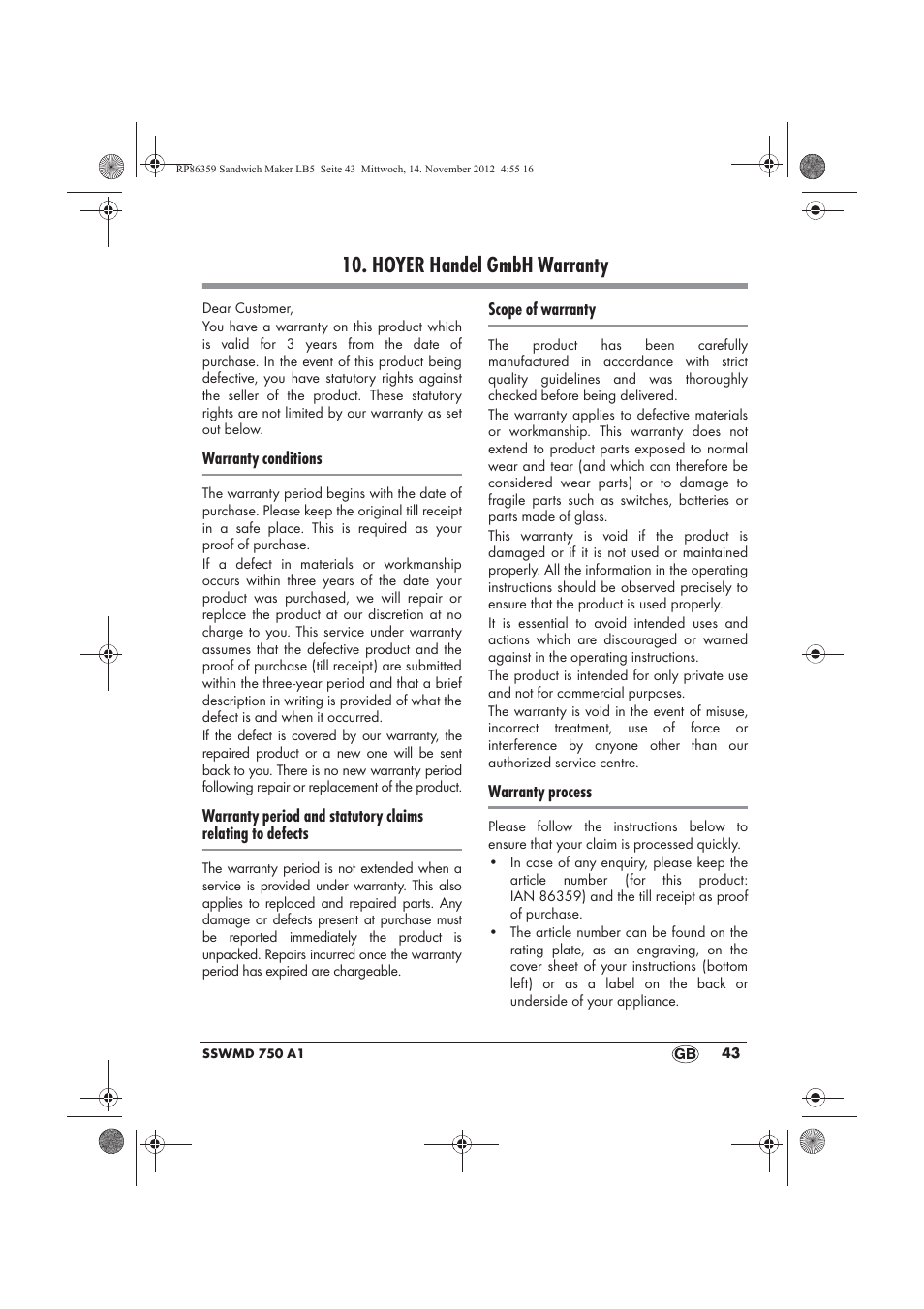 Hoyer handel gmbh warranty | Silvercrest SSWMD 750 A1 User Manual | Page 45 / 58