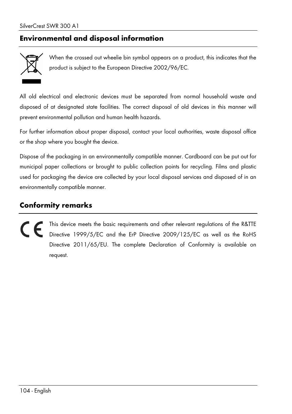 Environmental and disposal information, Conformity remarks | Silvercrest SWR 300 A1 User Manual | Page 106 / 112
