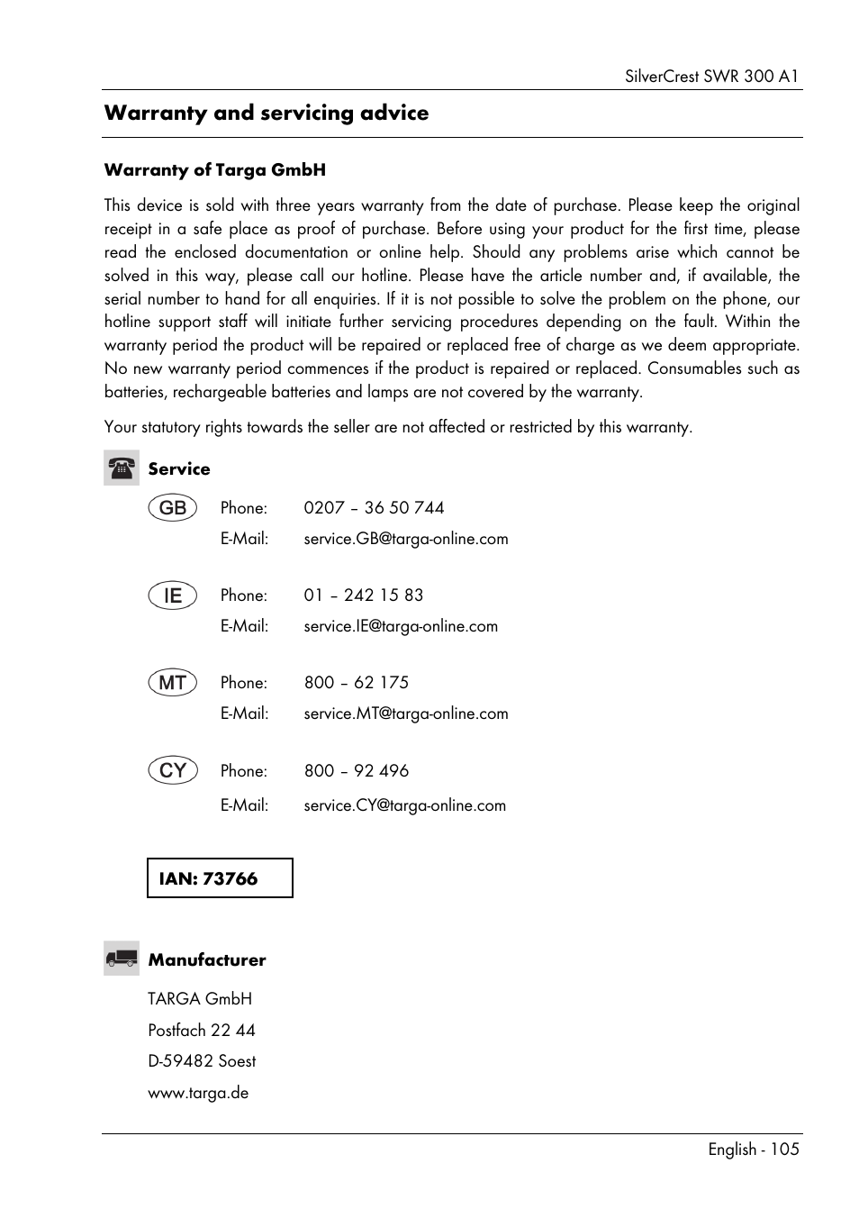 Warranty and servicing advice | Silvercrest SWR 300 A1 User Manual | Page 107 / 112