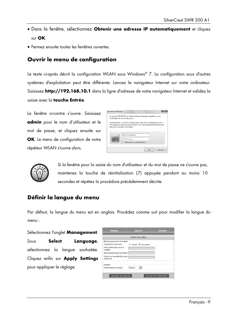 Ouvrir le menu de configuration, Définir la langue du menu | Silvercrest SWR 300 A1 User Manual | Page 11 / 112