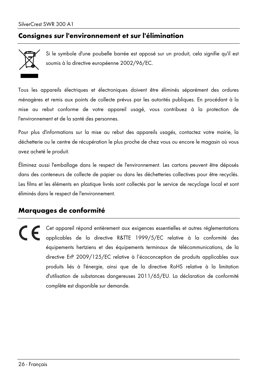 Consignes sur l'environnement et sur l'élimination, Marquages de conformité | Silvercrest SWR 300 A1 User Manual | Page 28 / 112