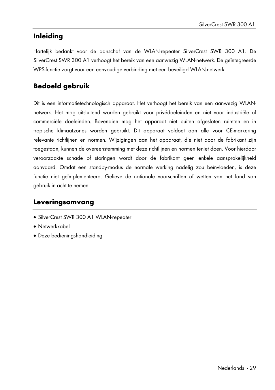 Inleiding, Bedoeld gebruik, Leveringsomvang | Silvercrest SWR 300 A1 User Manual | Page 31 / 112