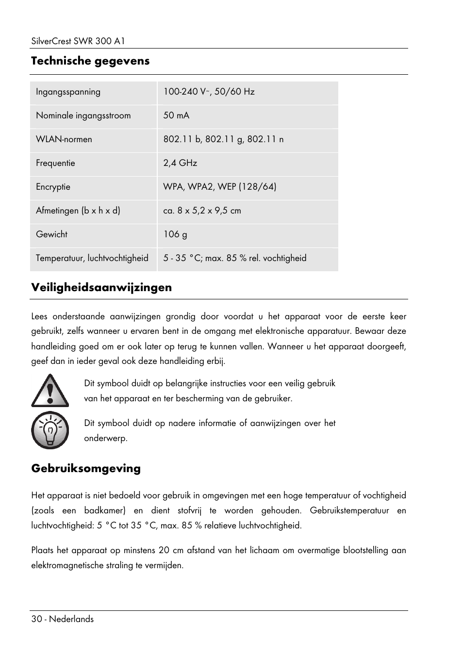 Technische gegevens, Veiligheidsaanwijzingen, Gebruiksomgeving | Silvercrest SWR 300 A1 User Manual | Page 32 / 112