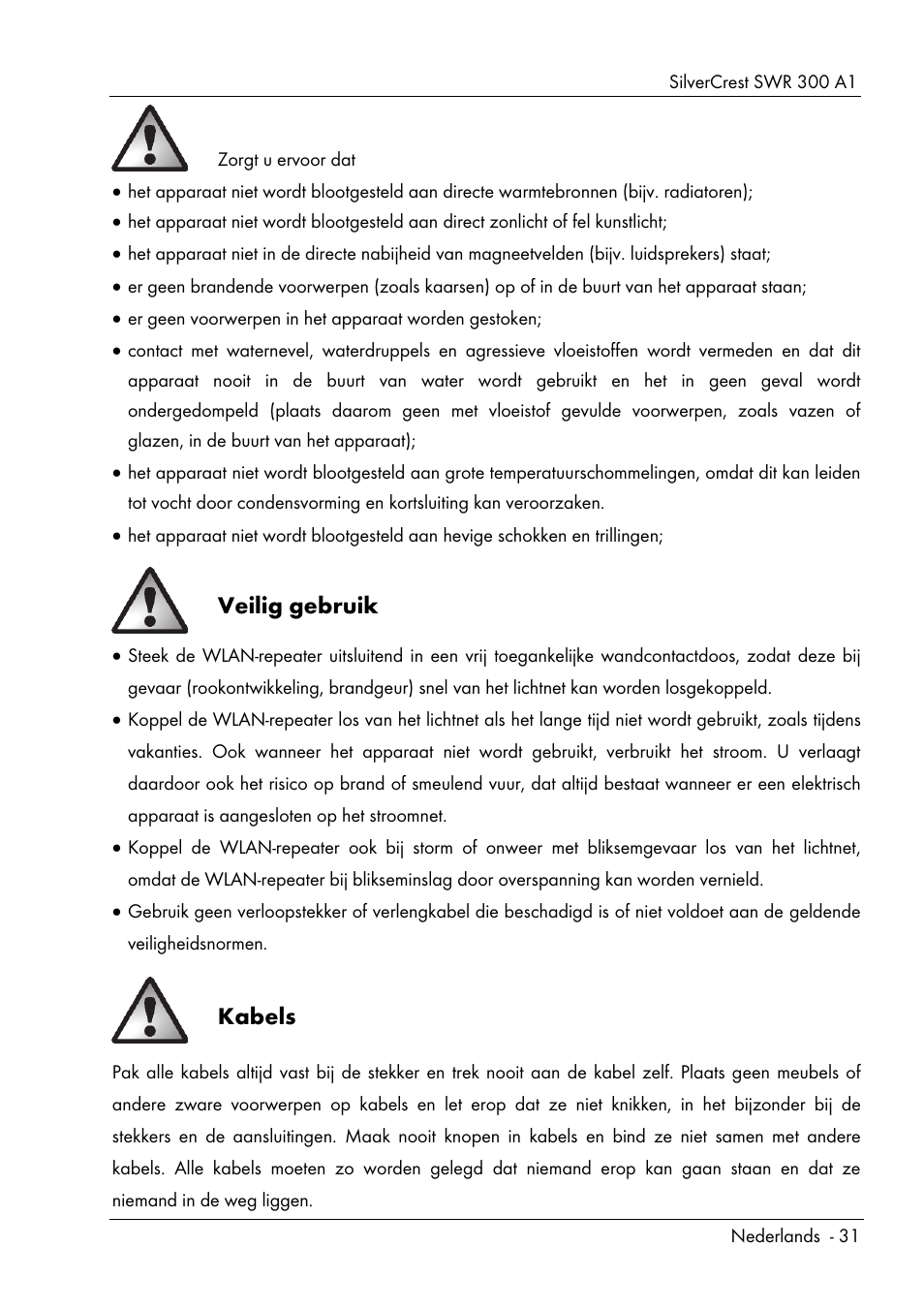 Veilig gebruik, Kabels | Silvercrest SWR 300 A1 User Manual | Page 33 / 112