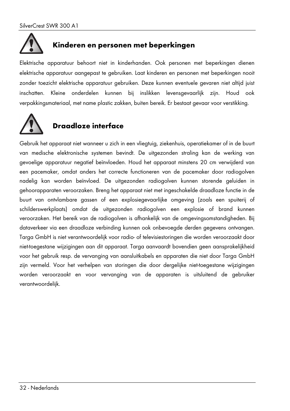 Kinderen en personen met beperkingen, Draadloze interface | Silvercrest SWR 300 A1 User Manual | Page 34 / 112