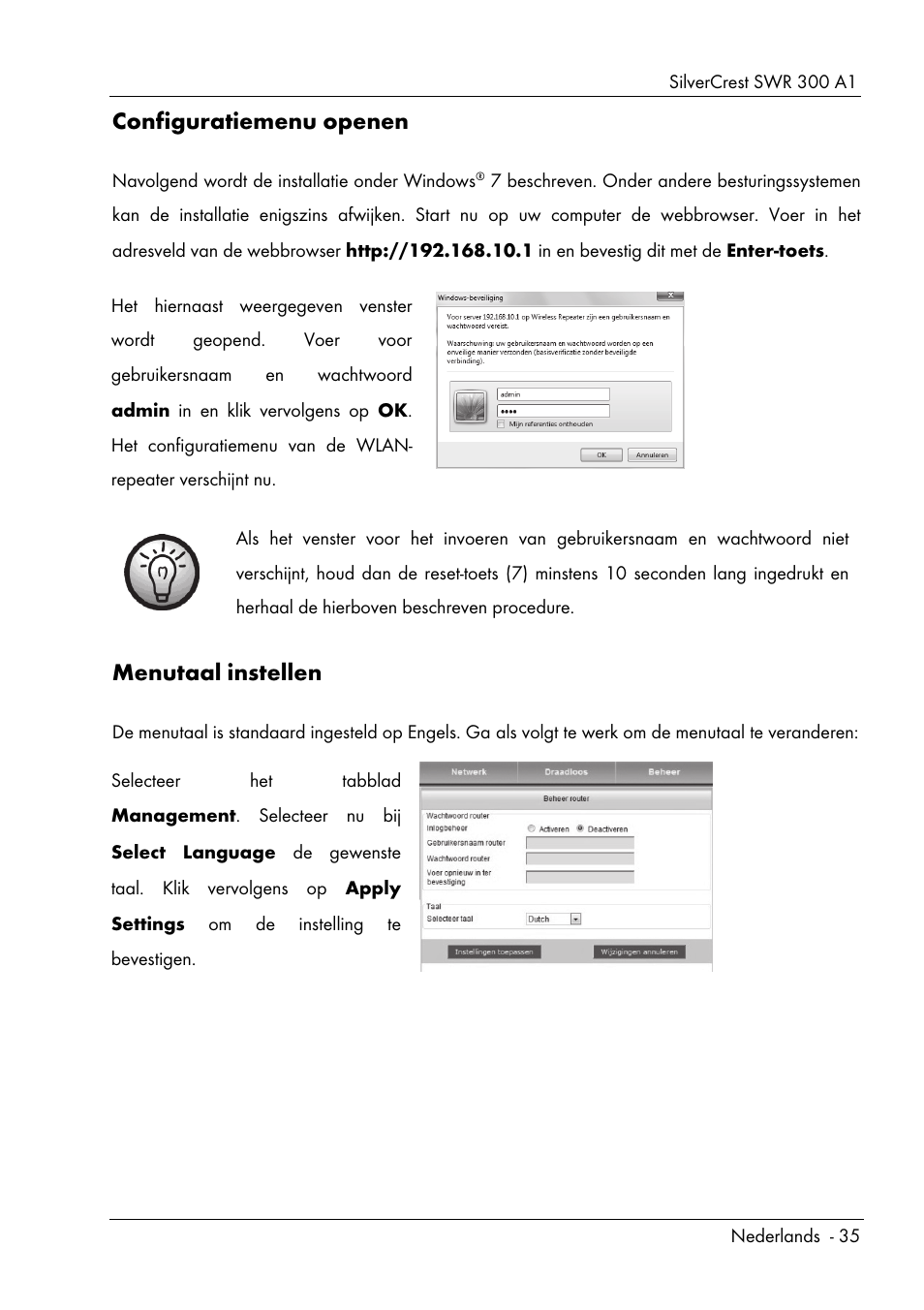 Configuratiemenu openen, Menutaal instellen | Silvercrest SWR 300 A1 User Manual | Page 37 / 112