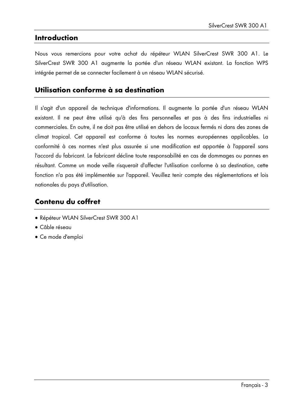 Introduction, Utilisation conforme à sa destination, Contenu du coffret | Silvercrest SWR 300 A1 User Manual | Page 5 / 112